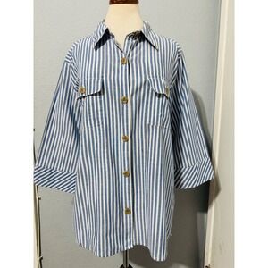 100% Cotton Chic Comfort Blue Striped Button Down Tunic Shirt Womens XL Nautical